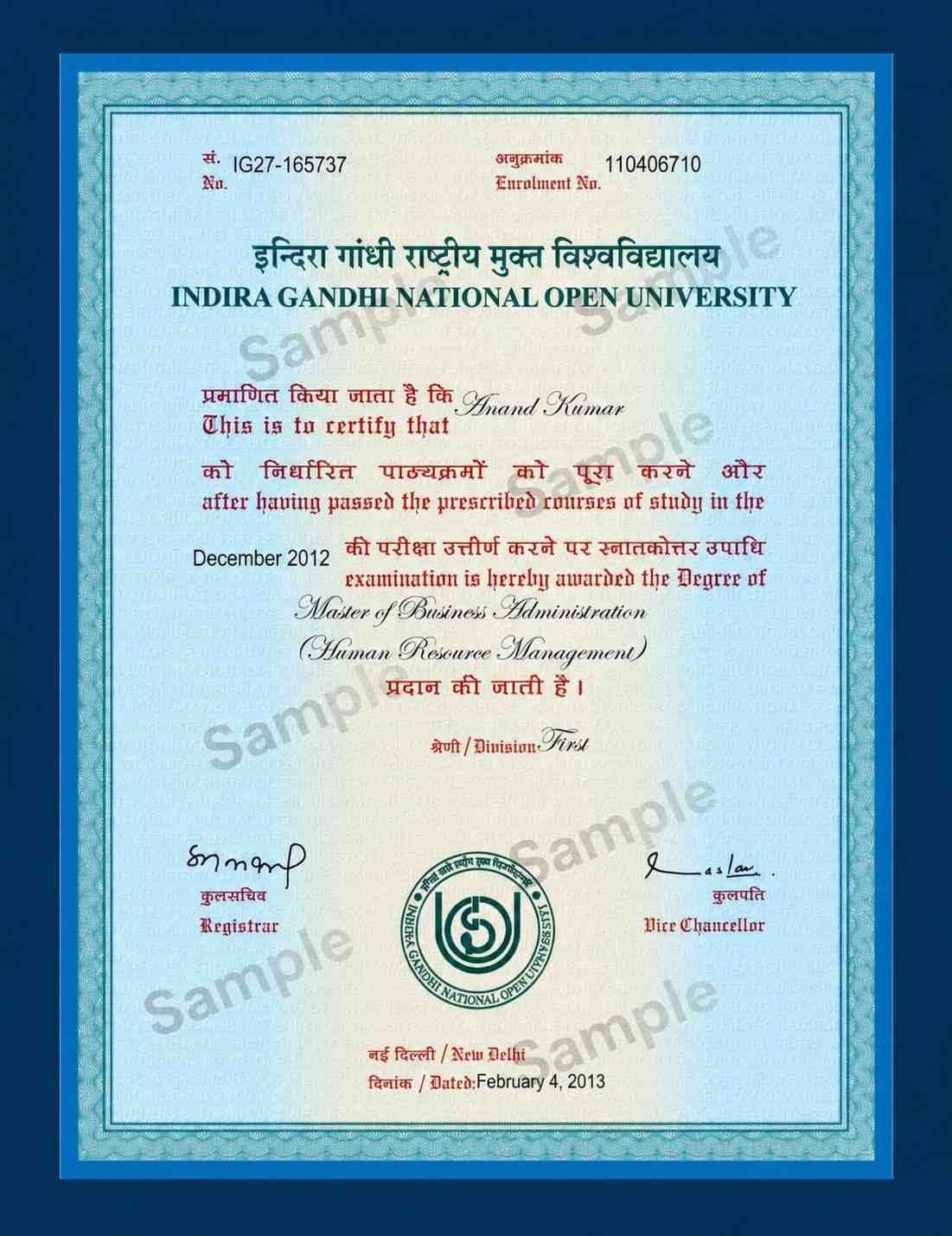 IGNOU Certificate Sample